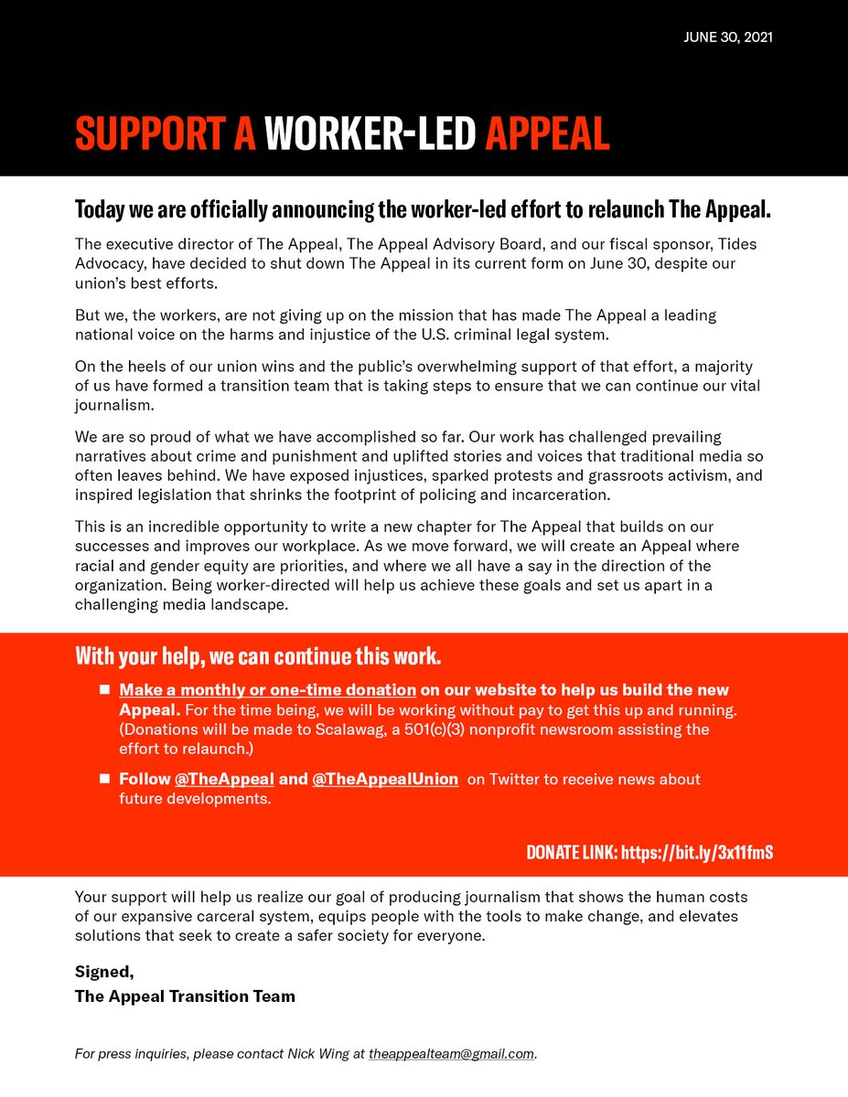 🚨 We have big news 🚨

First, the bad: Management is shutting down The Appeal, effective today.

The good: Our union secured a generous severance package for our coworkers and negotiated with management to let us relaunch as a worker-led news outlet.

Here's our full statement: