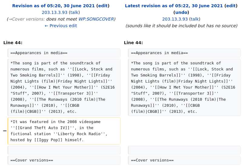 Screenshot of edit to I Wanna Be Your Dog