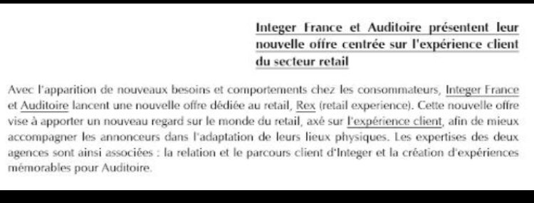 REX pour Retail Expérience par <a href="/IntegerFrance/">Integer France</a> expert de la relation et <a href="/auditoire/">AUDITOIRE</a> expert de l’expérience mémorable . une réflexion issue de l’expérience client fortement dégradée depuis 1 an. Comment recréer le lien avec les cibles dans les lieux de commerce et de flux .