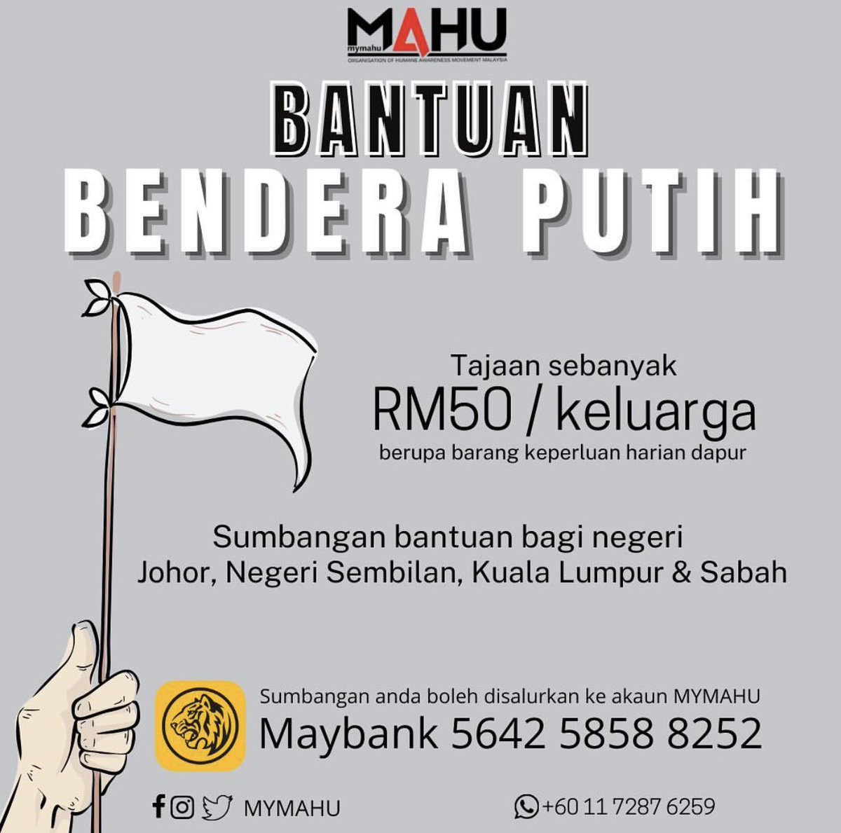 mymahu's tweet photo. Kami ingin menyeru semua rakyat Malaysia untuk support kempen Banguan Bendera Putih. Terlalu ramai yg terjejas dengan desakan hidup terutama musim PKP ini.

Bagi yg perlukan bantuan barang makanan atau barangan dapur, please contact kami di whatsapp / DM. InshaAllah kita bantu. https://t.co/hNbHLkDW9R
