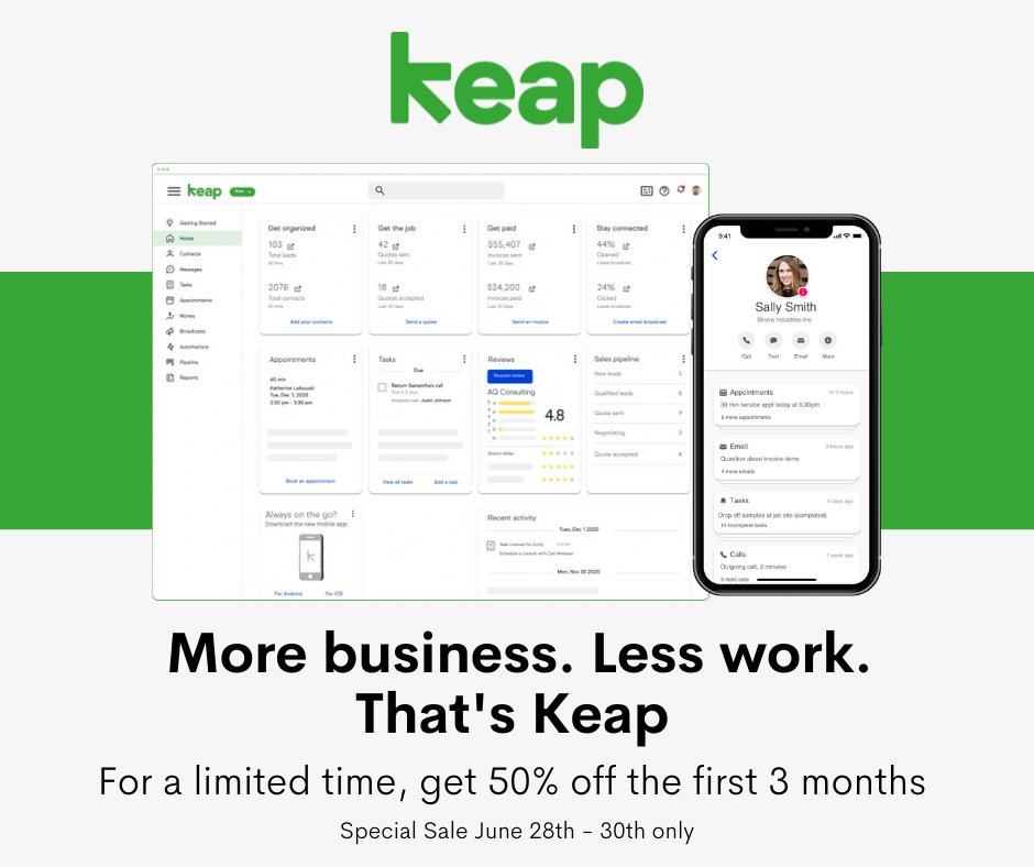 Create a repeatable sales process for your team by making it easy to set-up appointments, track leads, and send quotes, all from your CRM..
 50% OFF for only today>>saveweeks.com/keap 

  #CRM  #smallbusiness️️️