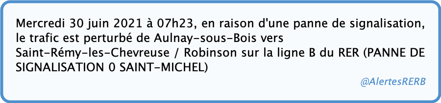 AlertesRERB's tweet photo. 🚨Ⓑ - PANNE DE SIGNALISATION

☞ (RER B) 30/06/21, 07:23, le trafic est perturbé de Aulnay vers St-Remy / Robinson (panne de signalisation)

#RERB
(RATP - 30/06/21 07:43) https://t.co/aq0Du77Djv