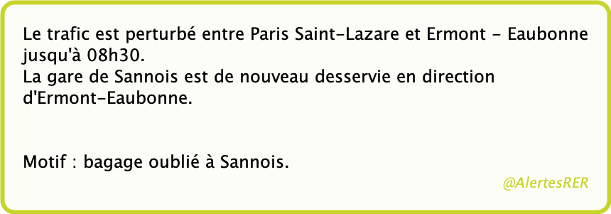 AlertesRER's tweet photo. @AlertesRER 🚨Ⓙ - BAGAGE OUBLIÉ (1)

Ligne J : Paris St-Lazare-Ermont-Eaubonne perturbé

☞ Ligne J : Paris St-Lazare-Ermont-Eaubonne perturbé

#LigneJ
(SNCF - 30/06/21 07:47) https://t.co/LIOYLF5jlq