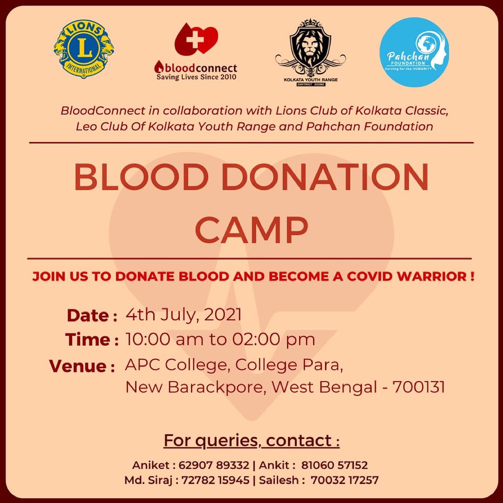 #blooddonationdrive - 4th July

Extend a person’s life by sharing yours! Participate in our #blooddonationcamp and make a difference in people’s lives.

#blooddonation #blooddonor #bloodmatters #worldblooddonorday #blooddonationindia #lionsclub #weserve <a href="/bloodconnectorg/">BloodConnect</a> <a href="/BloodAid/">BloodAid</a>