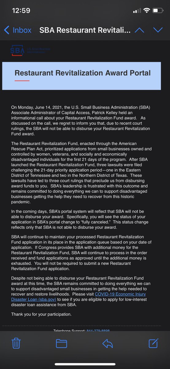 1st email was sent to 2965 approved restaurants 4 the RRF grant. Their approval was being rescinded. The 2nd came out last week &amp; the <a href="/SBAgov/">SBA</a> went silent. It’s estimated that 5-10k approved minority, woman, and veteran owned restaurants had their grant cancelled #stopRRFsteal