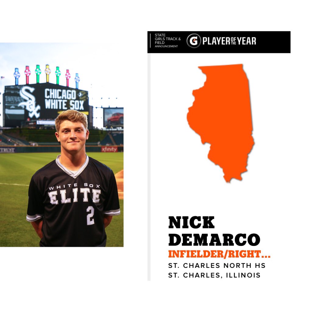 White Sox Elite (@white_sox_elite) on Twitter photo Congratulations to <a href="/whitesox/">Chicago White Sox</a> travel team standout <a href="/_nickdemarco/">Nick DeMarco</a> White Sox Elite 2021 INF/RHP & <a href="/SCNbaseball/">SCN Baseball</a> product & <a href="/NDBaseball/">Notre Dame Baseball</a> Commit on being named the <a href="/Gatorade/">Gatorade</a> Baseball Player of Year for Illinois! Congratulations Nick to you and your family! #GatoradePOY Congratulations to <a href="/whitesox/">Chicago White Sox</a> travel team standout <a href="/_nickdemarco/">Nick DeMarco</a> White Sox Elite 2021 INF/RHP & <a href="/SCNbaseball/">SCN Baseball</a> product & <a href="/NDBaseball/">Notre Dame Baseball</a> Commit on being named the <a href="/Gatorade/">Gatorade</a> Baseball Player of Year for Illinois! Congratulations Nick to you and your family! #GatoradePOY