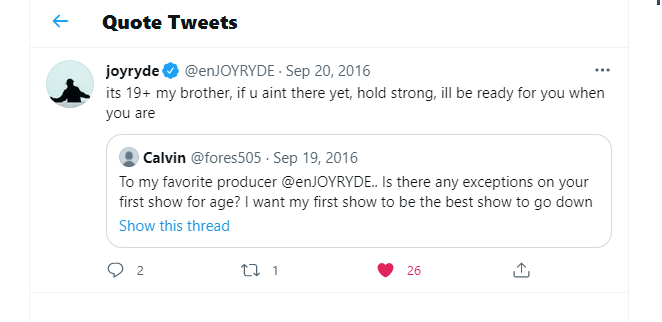 fores505's tweet photo. @enJOYRYDE Still my favorite Producer to this day.. And I'm finally legal. See you at Sunbar Saturday, hope to finally meet you! https://t.co/8tN27iyHO0