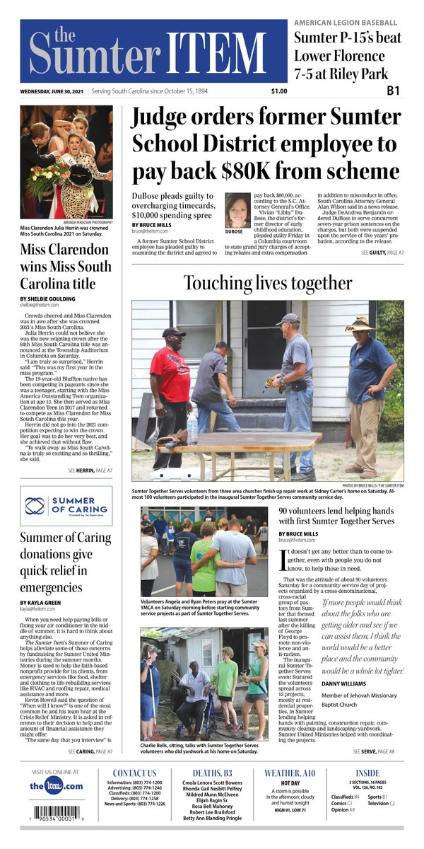 On Wednesday's #frontpage:
- Touching lives together
- Judge orders former Sumter School District employee to pay back $80K from scheme
- Miss Clarendon wins Miss SC title

📰Read the e-edition:
theitem.com/stories/wednes…
Subscribe: theitem.com/subscribe/