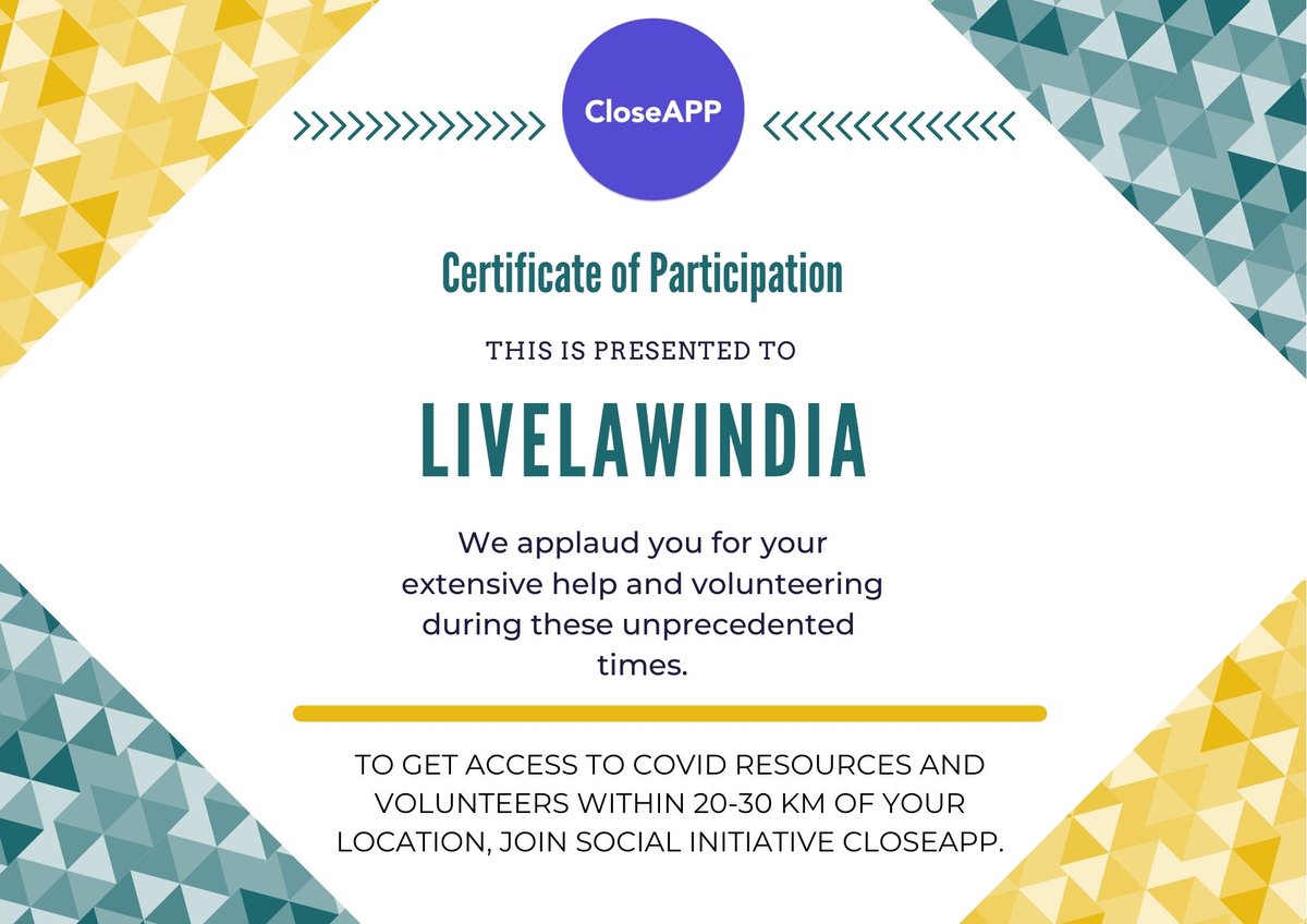We applaud @livelawindia for your remarkable efforts. Please accept this certificate as a recognition of our gratitude towards you. 
Tag your friends in the comments who have contributed their services to help  the society during covid times.
Share it with your community!