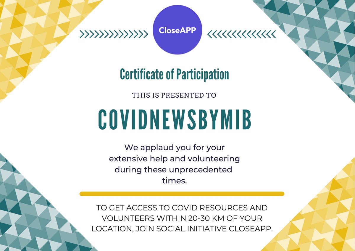 We applaud @covidnewsbymib for your remarkable efforts. Please accept this certificate as a recognition of our gratitude towards you. 
Tag your friends in the comments who have contributed their services to help  the society during covid times.
Share it with your community!
