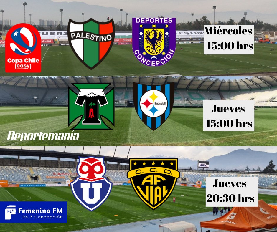 radiofemeninafm's tweet photo. Este miércoles y jueves sigue la #CopaChile en #Deportemania, con todos los detalles de los duelos @CDPalestinoSADP vs @dconcepcionsadp, @Temucooficial vs @Huachipato y @udechile vs @Fernandezvial por el 96.7 FM, https://t.co/O5VsjKMRJn y Facebook Live https://t.co/UagwTsi4lm