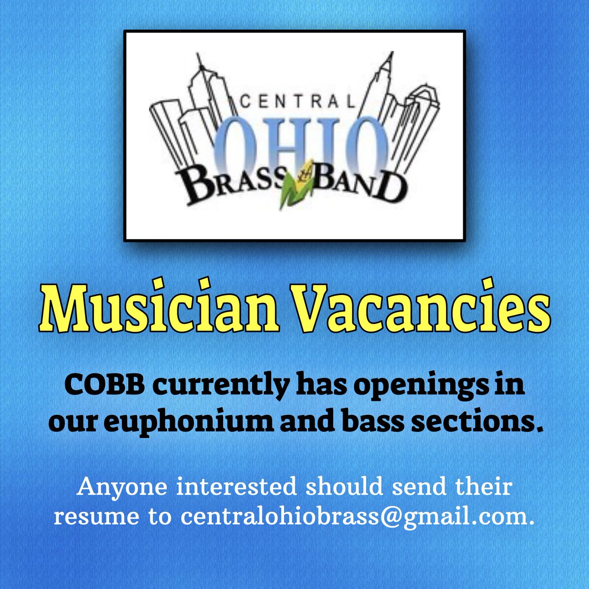 We have some empty seats to fill! Send us an email with your resume or details of your experience to centralohiobrass@gmail.com. 
We’re having some open reading sessions this summer, so come see if we’re a good fit for each other! #euphonium #bass #tuba #brassband #cornet