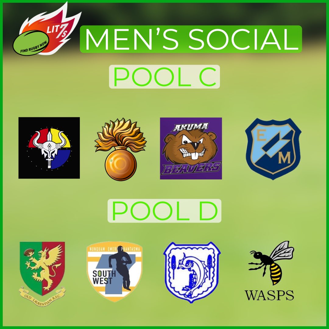 We are thrilled to announce the pools for the 16 team men’s social competition at LIT 7s on 10 July at Wasps FC. 

Pool C: Surrey Exiles, Grenadier Guards, <a href="/akumabeavers/">Akuma Beavers</a> and Manor Meerkats (<a href="/etonmanor/">Eton Manor RFC</a>) 

Pool D: Rugby Sevens, SW7s, <a href="/pjfrfc/">Purley John Fisher</a> and <a href="/WaspsFC/">Wasps Football Club</a> 

It’s going to be #LIT🔥
