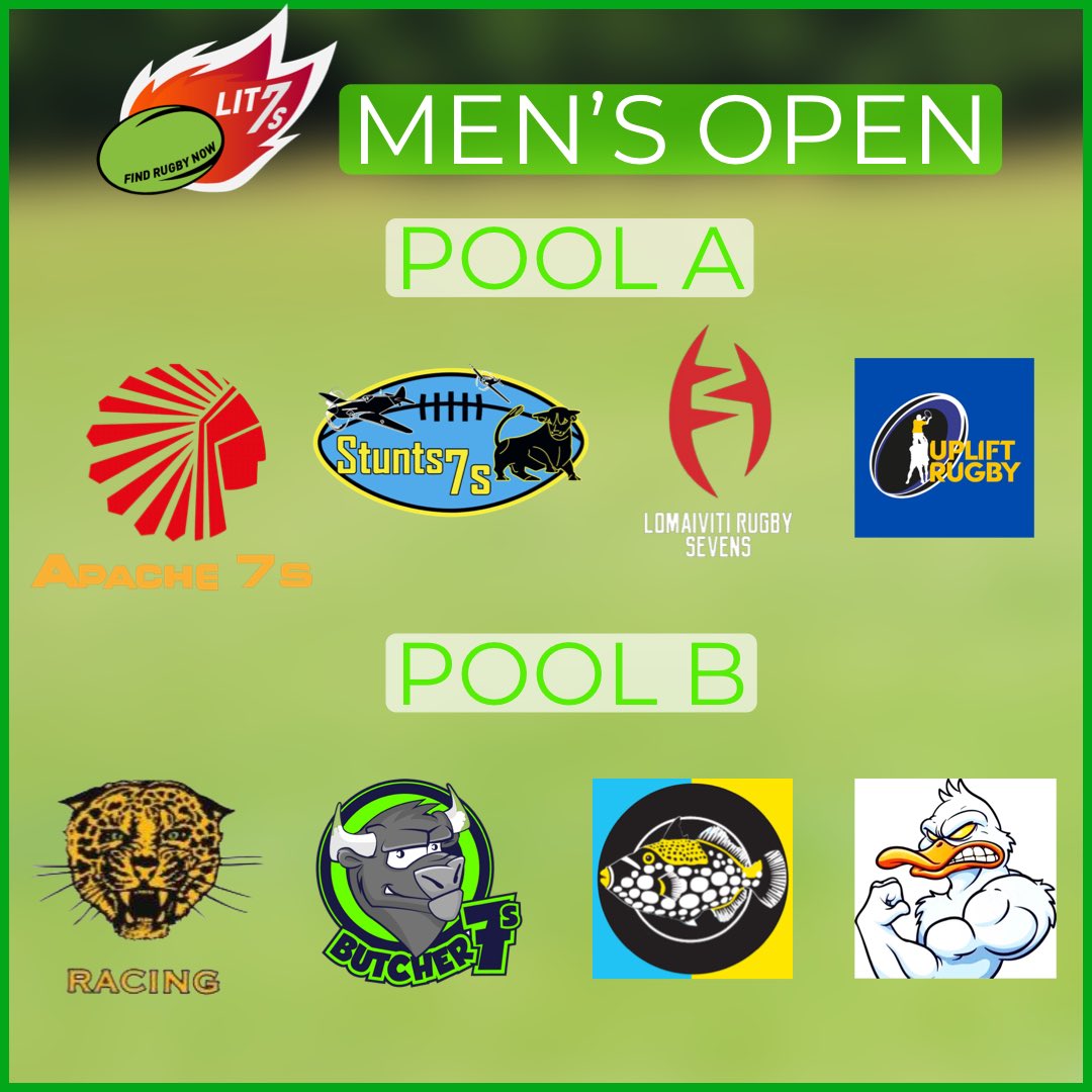 We are thrilled to announce the pools for the 12 team men’s open competition at LIT 7s on 10 July at Wasps FC. 

Pool A: <a href="/Apache7s/">Apache 7s</a>, <a href="/lomaivitirugby7/">Lomaiviti RUGBY 7s 🇬🇧</a>, <a href="/Stunts7s/">Stunts 7s</a> and Uplift Rugby 

Pool B: <a href="/Shreddedducks7s/">Shredded Ducks 7s</a>, <a href="/Racing_7s/">Racing Club Academy</a>, <a href="/Butcher7s/">Butcher7s</a> and <a href="/Jigsawsrugby/">The JIGSAWS</a> 

It’s going to be #LIT🔥!