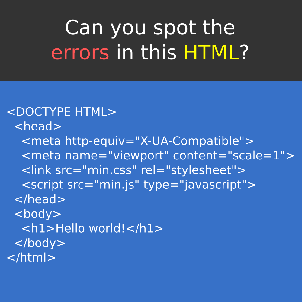 WeArePirple's tweet photo. Can you spot the errors in this HTML?
#html #html5 #xhtml #dhtml #htmlcss #htmlcode #htmlemail #htmlcoding #HTMLHeading #HTMLHeadings #htmlcoin #htmlbuilder #html5tutorial #htmlforbabies #html5css3 #html5validation #htmlemails https://t.co/Z0sUV10qpV