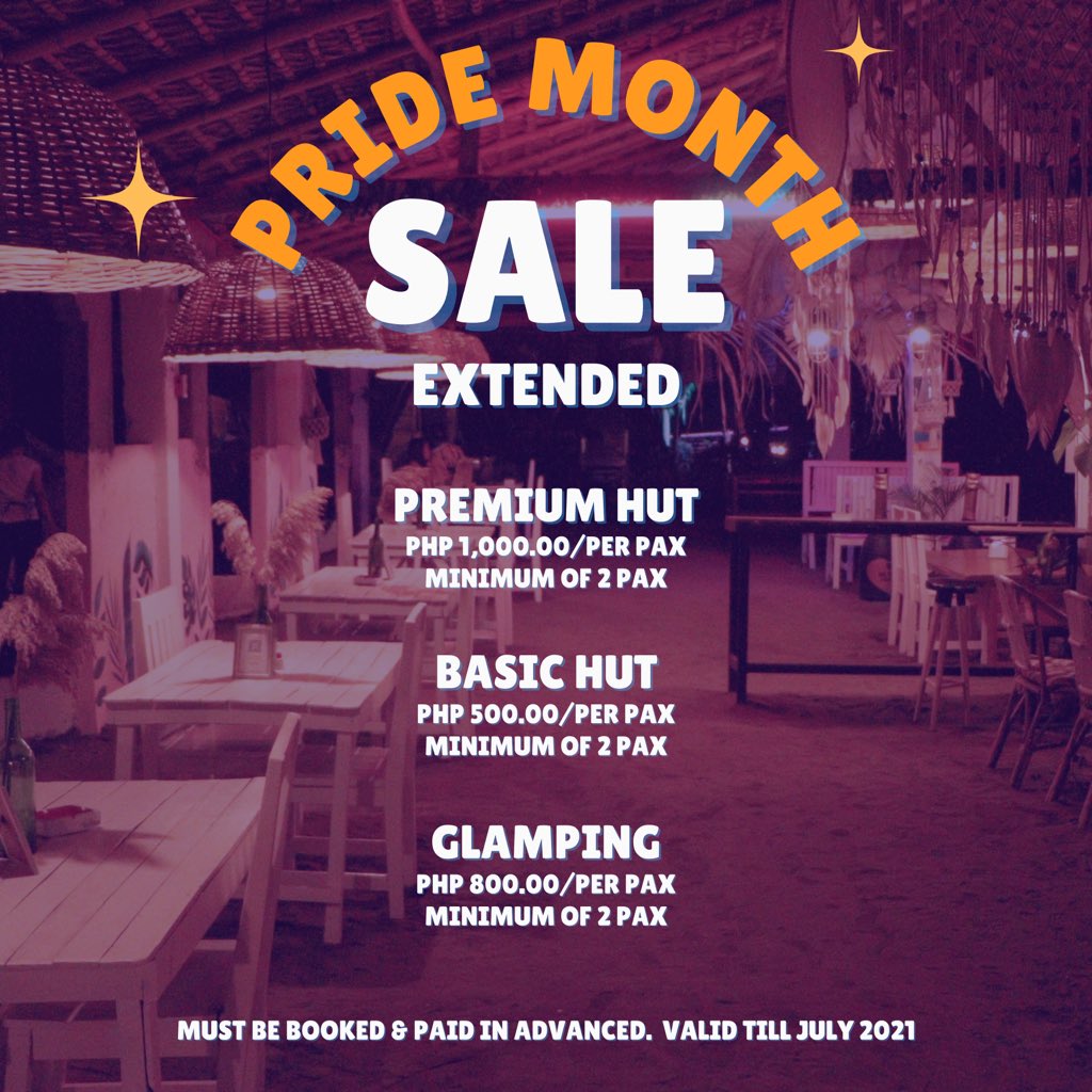 campavenue's tweet photo. WE’RE EXTENDING OUR PRIDE MONTH SALE TILL JULY! 🏳️‍🌈 

⛺️Premium Huts - 1,000.00 
⛺️Basic Huts - 500.00 
⛺️Glamping - 800.00 

This promo/sale must be paid &amp; booked in advance. This rate will not apply for walk-ins. 

For reservations, you may message viber/whatsapp at 09175572207. https://t.co/vNHpp5XrmO