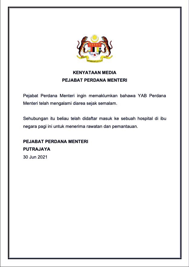 Melissa Goh S Tweet Prime Minister Muhyiddin Was Admitted To A Hospital In Kl This Morning Pmo Said He S Down With Diarrhea Since Last Night Trendsmap