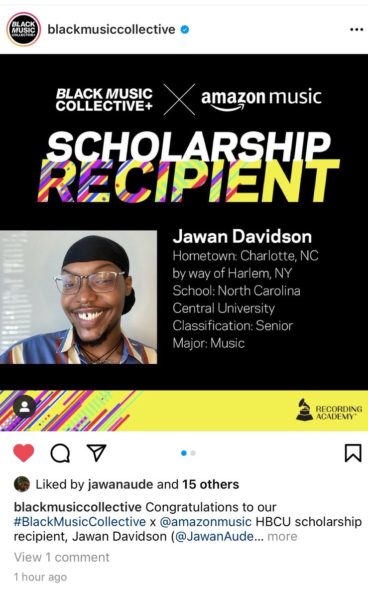 So proud of NCCU Vocal Jazz Ensemble and Jazz Studies major Jawan Davidson won a $10k scholarship from @blackmusiccollective @amazonmusic @RecordingAcad   #hbcustrong #eaglepride @nccujazz