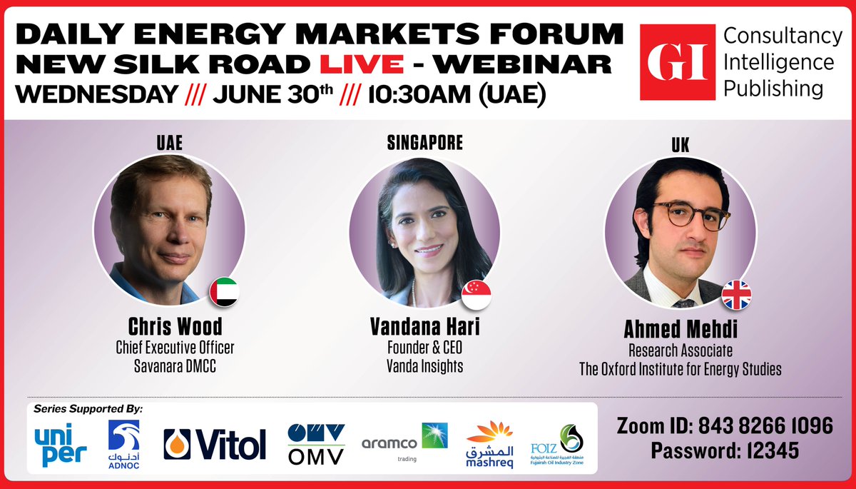 𝗪𝗘𝗕𝗜𝗡𝗔𝗥: Daily Energy Markets Forum - June 30

To Register Click here: bit.ly/37biciz
To join via Zoom Down pointing backhand index 

Webinar ID: 843 8266 1096
PW: 12345
 
<a href="/RunGlobal/">Chris Wood</a> <a href="/VandanaHari_SG/">Vandana Hari</a> <a href="/OxfordEnergy/">OIES</a> #markets #OOTT #OPEC #Oil #energy