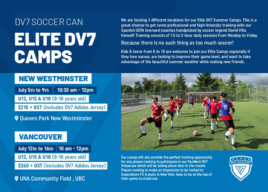 DV7Soccer_CAN's tweet photo. We are hosting 2 different locations for our upcoming Elite DV7 Summer Camps⚽️

This is a great chance to get some professional &amp; high-intensity training with our Spanish UEFA licensed coaches handpicked by soccer legend @Guaje7Villa himself

Contact us today to save your spot! https://t.co/5ApcTrVD07