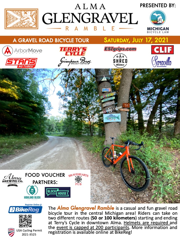 18 days until the 3rd annual #GlengravelRamble p/b <a href="/MIBicycleLaw/">Bryan Waldman</a> in Alma Michigan!

July 17 is approaching - register:
bikereg.com/agr

@MrDavidPalan @BikeShopShow <a href="/thegravellot/">The Gravel Lot</a> <a href="/NoTubes/">Stan's NoTubes</a> <a href="/AlmaBrewingCo/">Alma Brewing Co.</a> @houseofblock <a href="/HighlandBlush/">Highland Blush</a> <a href="/TheESIGrips/">ESI Grips</a> <a href="/terrys_cycle/">Terry's Cycle</a> @GrimpeurBros