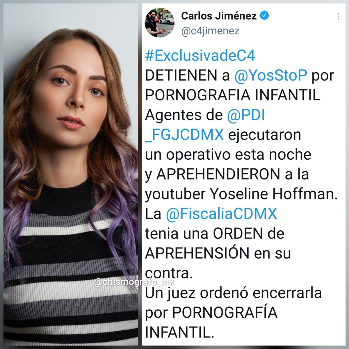 chismógrafo_mx on X: Esta noche fué detenida en su domicilio de la cdmx la  famosa YouTuber @YosStoP presuntamente por el delito de pornografria  infantil en agravio de #AinaraS . Y los violadores cuándo serán detenidos?  Información de ...