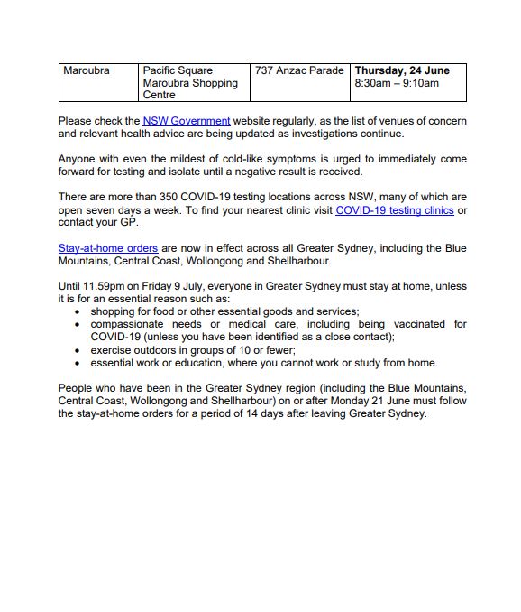 NSWHealth's tweet photo. ⚠️PUBLIC HEALTH ALERT – VENUES OF CONCERN⚠️

NSW Health has been notified of a number of new venues of concern associated with confirmed cases of COVID-19. https://t.co/OGbCoPU7r6