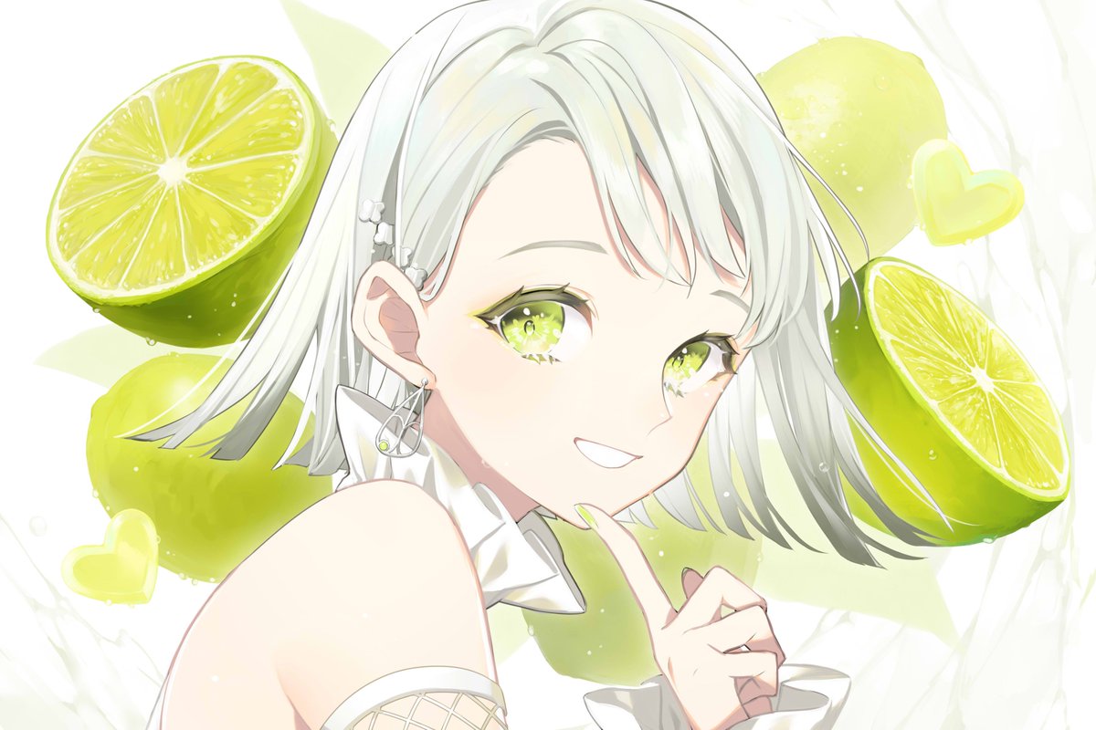 1girl solo green eyes food looking at viewer earrings fruit  illustration images