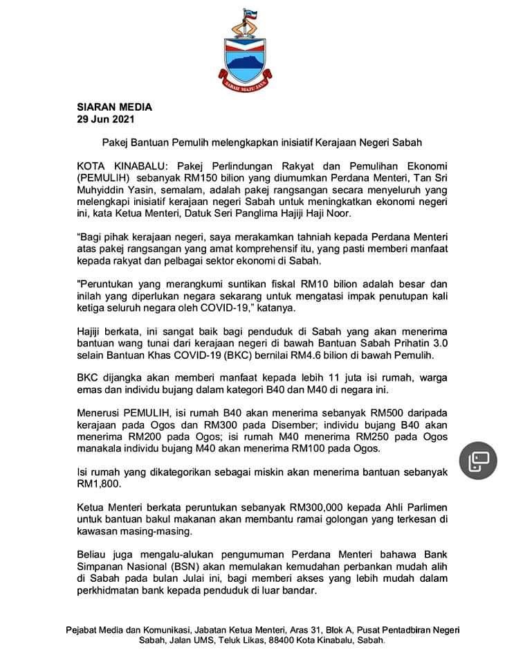 Sabahfm Bagus Bah Twitterissa Pelan Bantuan Pemulih Lengkapkan Inisiatif Kerajaan Negeri Sabah