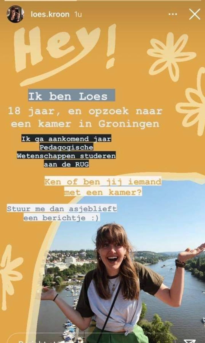 Mijn leuke lieve nicht Loes gaat pedagogiek studeren in Groningen. 

En ja, ze zoekt een kamer.

Weet je iets, stuur mij maar een DM 

Delen is top!