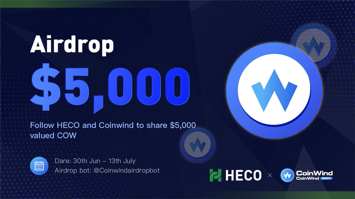 ⭐️Join HECO&amp;Coinwind Global #Airdrop to share $5,000 valued #COW, invite friend to get more. 

👍Distribution Date: 20/07/2021

Click the #bot to go now: t.me/Coinwindairdro…

<a href="/HECO_Chain/">HECO Chain</a> <a href="/coinwind_com/">CoinWind</a> 

#HECO #Coinwind $HT #Airdrops