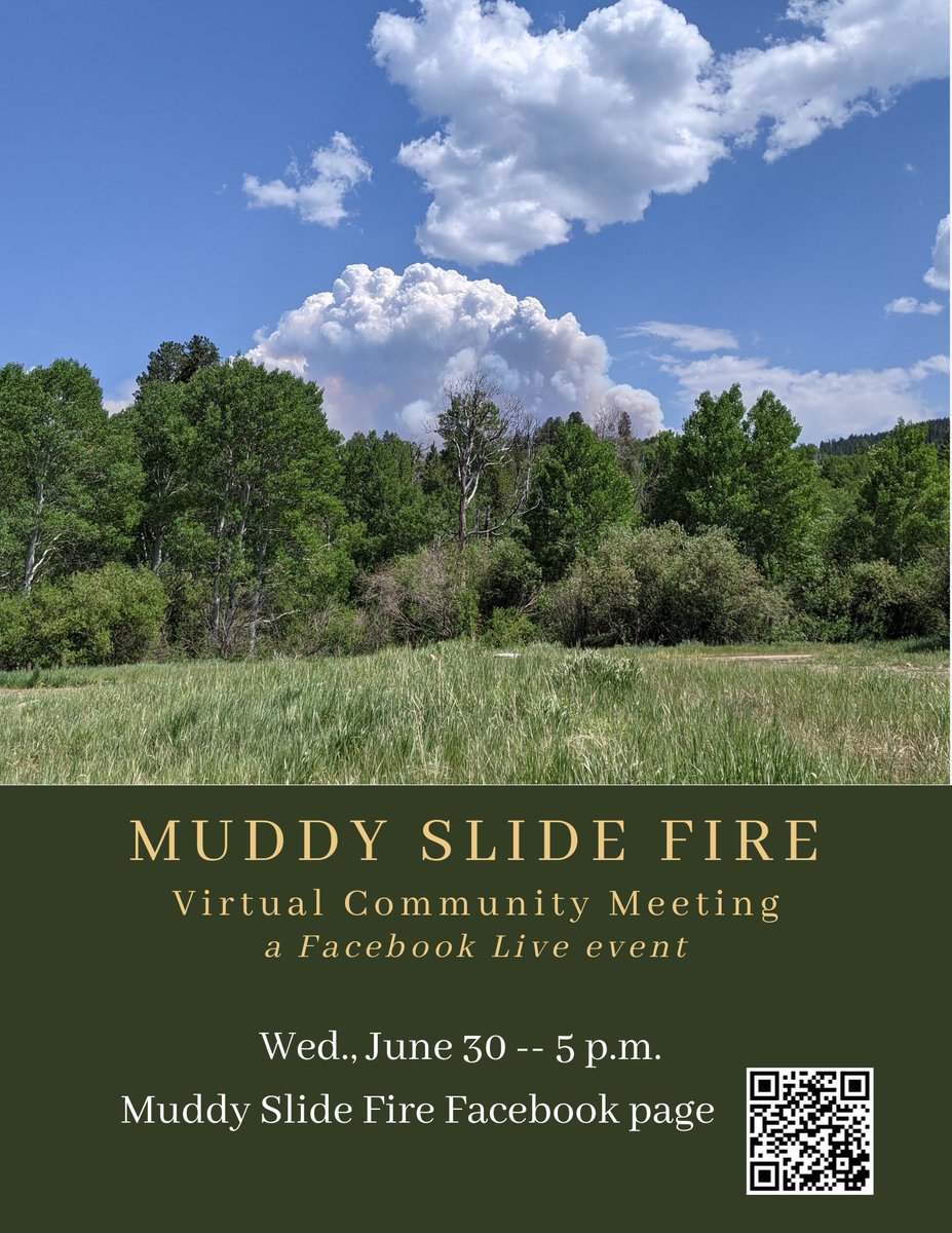GrandCoSheriff's tweet photo. Curious about the #MuddySlideFire? The public is invited to a live virtual Community Meeting scheduled on Wednesday, 6/30 from 5 - 6 p.m.
Find official information about the Fire & Community Meeting event details @ https://t.co/mShLeIRRei #grandcounty https://t.co/bwJ923AVDT
