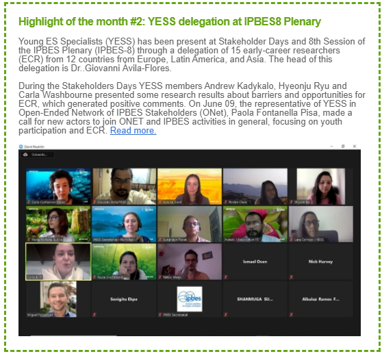 YESS_Network's tweet photo. Dear YESS community, here is a note published in the @ESPartnership Newsletter about the delegation at #IPBES8. Finally, we want to thank to @IPBES @Anamariamojita @rspaull @ONet_IPBES for your support to young and ECRs. https://t.co/858Ih1B0YO https://t.co/GOyDOwrb3V