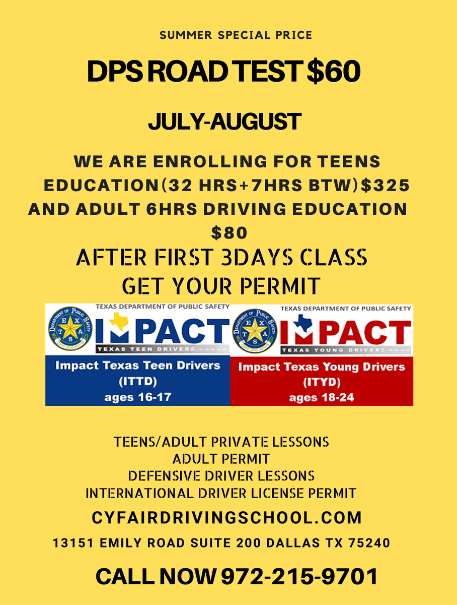 Thinking about behind – the – wheel lesson? Then Cyfair driving school is the best option for you. They offer the highest level of expertise, professionalism &amp; safety. To know more do visit in their website:
 dallastoptoday.com/driving-schools
And here you go with some essential details: