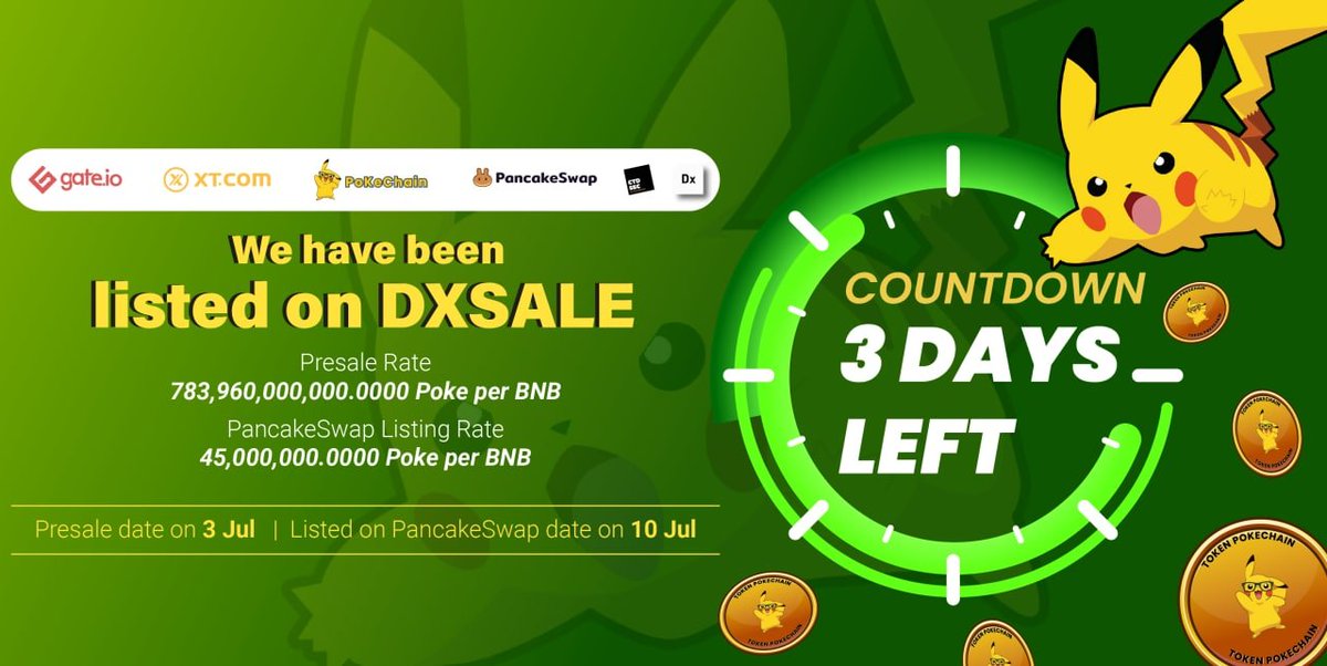 🚀👉 Link DXSALE: dxsale.app/app/pages/defi…  
🚀 Profit rate for Presale x1000
🚀 Limitation: 600 BNB
 ⏱Presale date on 3 Jul at 13:00 UTC
⏰Listed on PancakeSwap: 10 Jul
⏱Countdown: 3 days left
#pokechain #poke #earnbnb #lovepokechain #bscscan