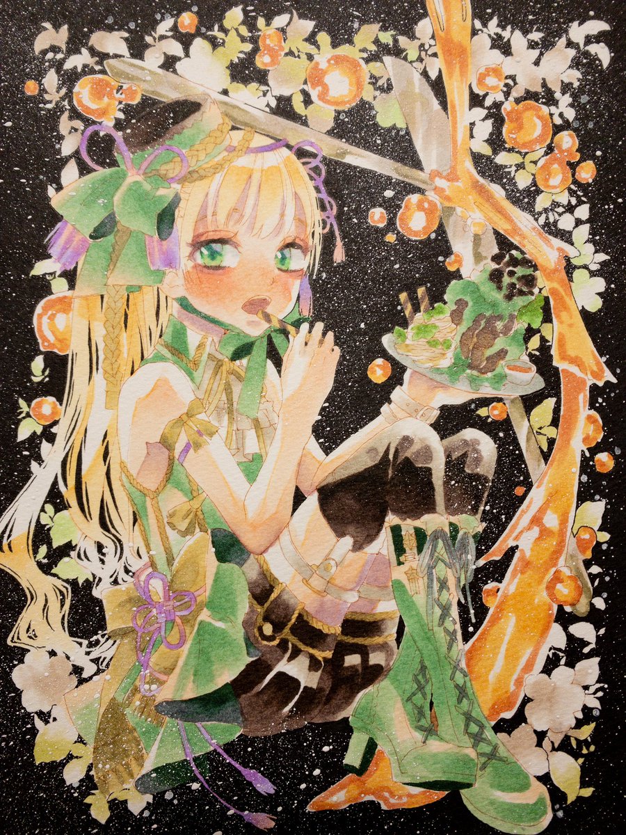 1girl solo green footwear blonde hair green eyes boots long hair  illustration images