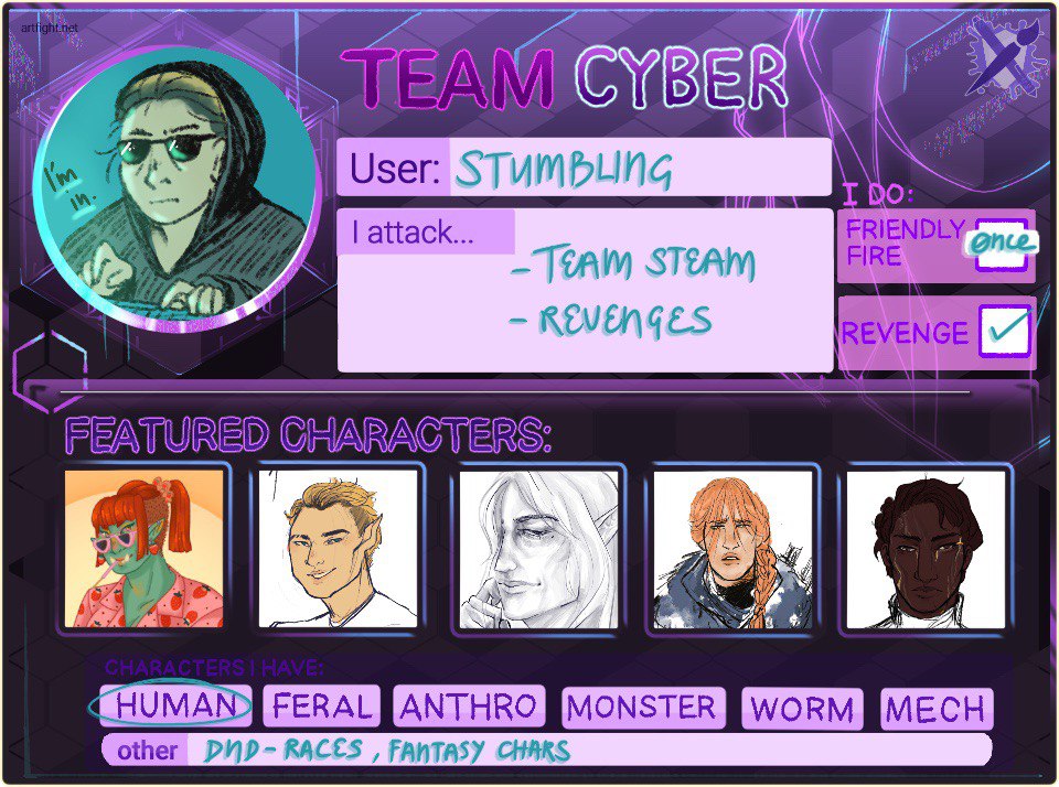 stumblingart's tweet photo. Hi hello i will be doing artfight this year too!! #artfight #teamcyber 
https://t.co/e4TQC0YlSX https://t.co/P8Yy5PlyXL