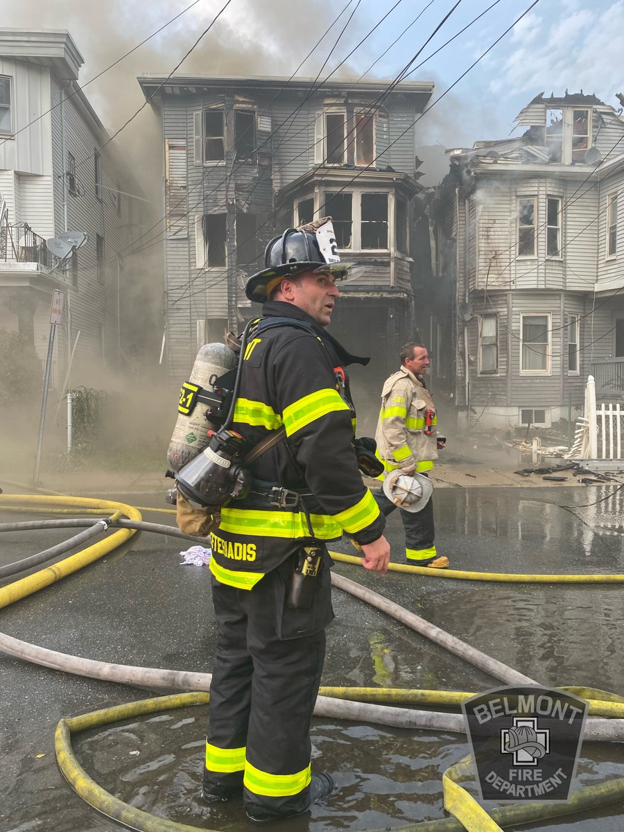 BelmontFD's tweet photo. On Tuesday afternoon Engine 2, C-2, &amp; C-1  responded #mutualaid to Revere for their 7-alarm fire on Hyde St. With temperatures well into the 90s it was a stubborn, smokey fire. Crews worked for several hours to control the fire. Great work work by all involved. @Belmont_Ma https://t.co/BiBv3ajcxt