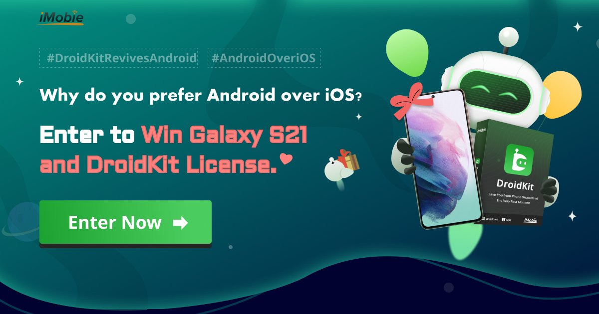 iMobie_Inc's tweet image. #DroidKitRevivesAndroid #AndroidOveriOS 
Share to Win Samsung Galaxy S21 &amp;amp; DroidKit License 🥳

Check rules and join here: ✨ bit.ly/3jGEwcb ✨

What makes you prefer Android? Share to win a gift!

The contest starts from Jun. 30 to Jul. 20, 2021, worldwide.