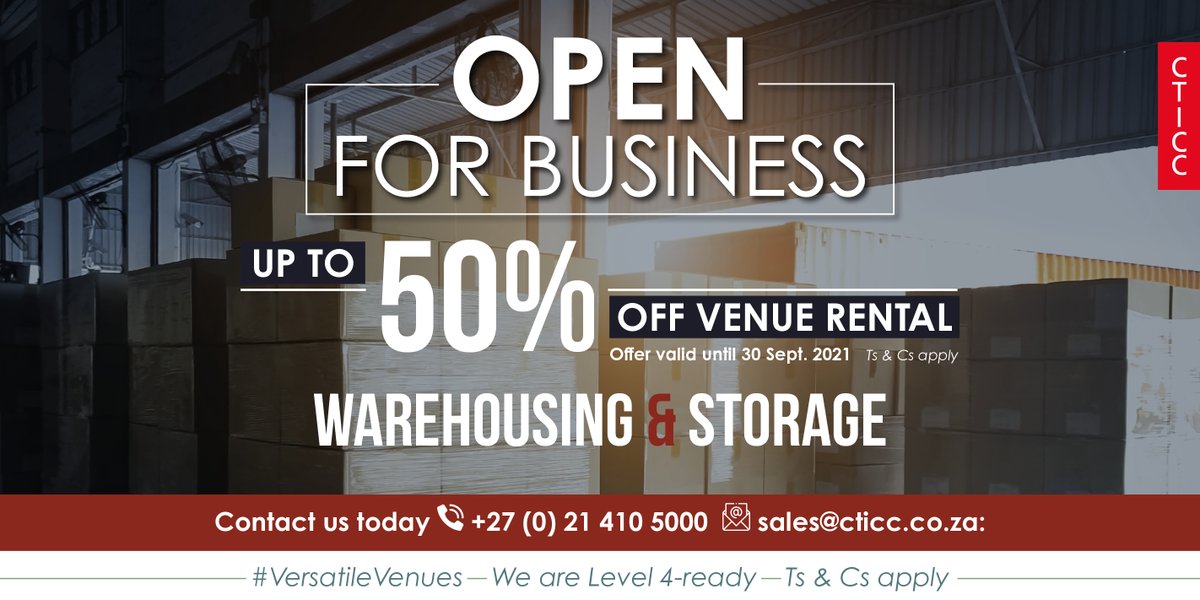 CTICC_Official's tweet photo. Need warehousing and storage space? Get up to 50% off venue rental at the CTICC until 30 September 2021. To find out more about our facilities, contact us on +27 (0) 21 410 5000 or at sales@cticc.co.za.
#BringIt2CTICC #Spaces4AllSeasons #VersatileVenues https://t.co/bt2ubQwaQA