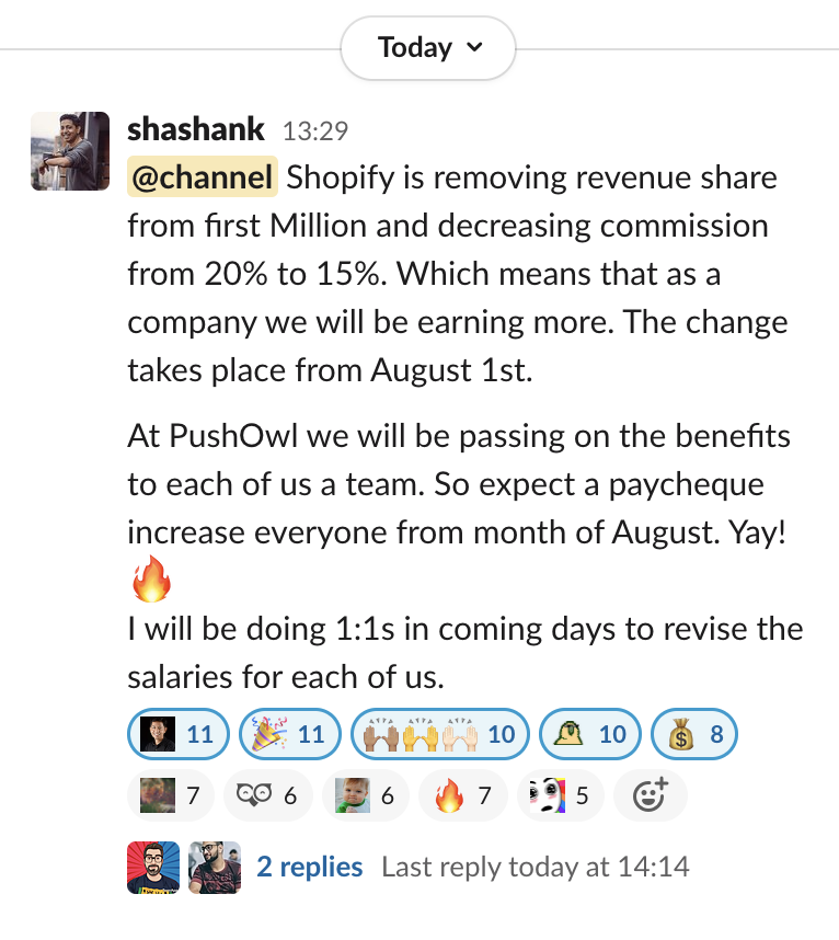 PrakharS96's tweet photo. I've been at @pushowl for 7 months &amp; some instances reinforce just how enjoyable &amp; unique the work environment is.
@shashankkr9 shared this when Shopify announced they are reducing their commission. Proud of this people-first &amp; impact-driven mindset!🚀

#Pushowl #Shopify #culture https://t.co/tfEgM66qmV