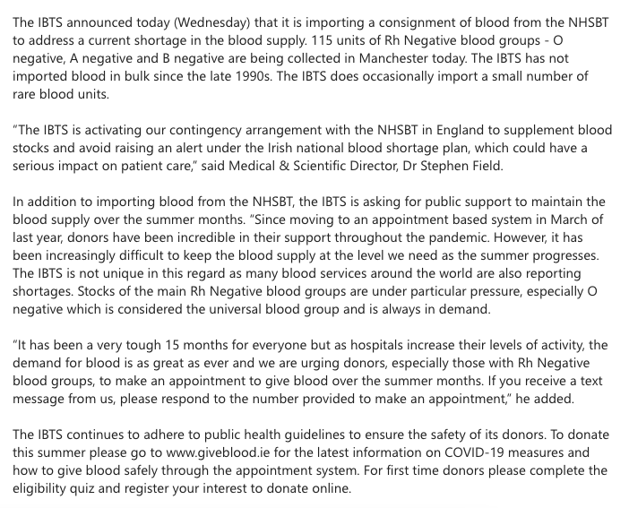 For the first time since the late 1990s, the Irish Blood Transfusion Service has had to import blood from the UK due to a shortage of donations of certain blood types. giveblood.ie