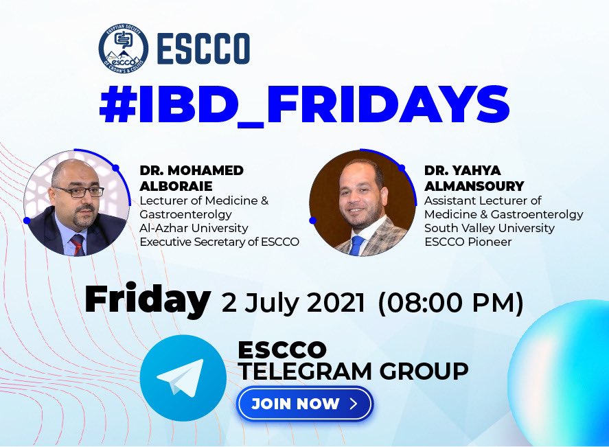 Our next #IBD_Fridays: 2nd July at 08:00 pm on ESCCO telegram group:
t.me/EgyptianScocie…
We will discuss:
“Infections in IBD”

Best regards 
ESCCO Board