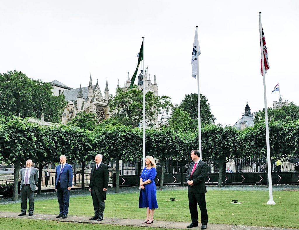 BGIPU's tweet photo. On #ParliamentDay @CommonsSpeaker, BGIPU Chair @hbaldwin &amp; Executive Committee members attend a flag-raising ceremony at @UKParliament marking 30 June as the founding day of @IPUparliament 132 yrs ago now being the world's oldest multilateral political org. #WorldParliamentDay https://t.co/Tv95r29l01