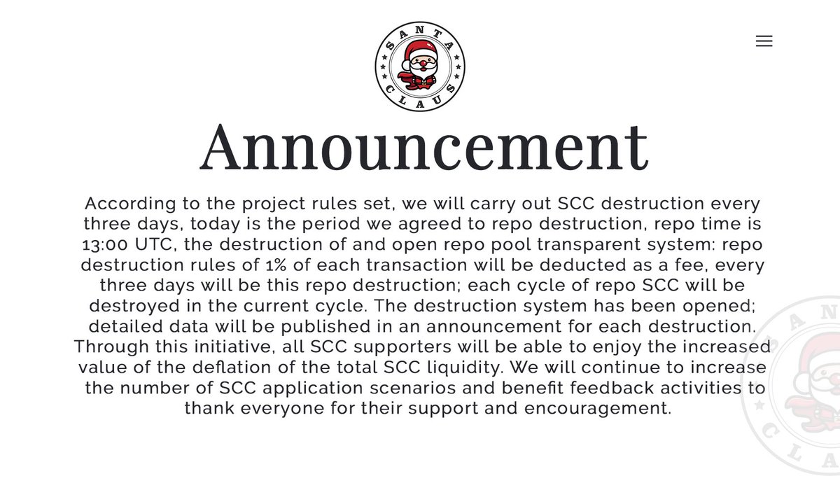 SantaClausscc's tweet photo. 🤟Announcement.
😘😘😘Santa Claus first repurchase destruction announcement Dear Santa Claus users.
#Coin98 #BinanceSmartChain  #DeFi #BNB  $BNB #Binance https://t.co/WMuh7j6GV9