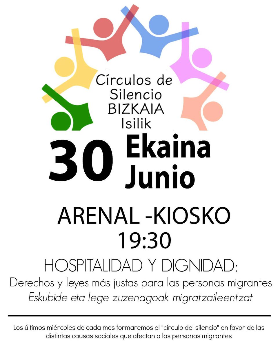 itakabilbao's tweet photo. HOY CÍRCULO DE SILENCIO

📌Miércoles 30 de junio
➡️ 19:30 horas en Arenal/Kiosko #Bilbao 
🔴 Círculo de silencio en solidaridad con las personas migrantes

@EscolapiosBi https://t.co/60j8j4h3Ey