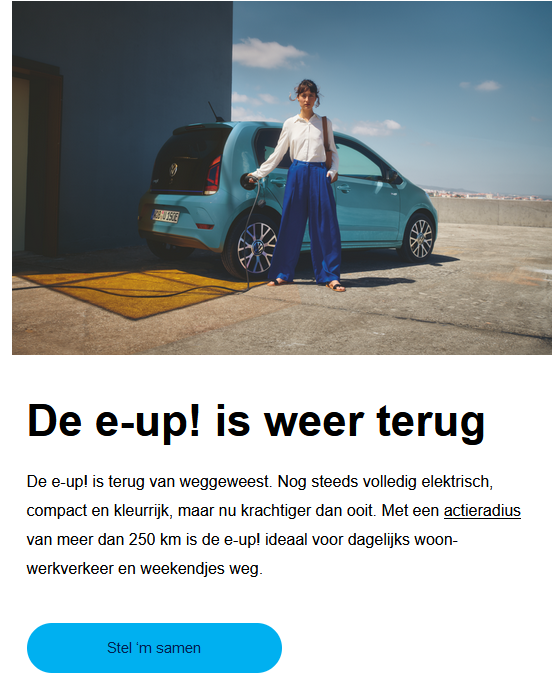 electricfelix's tweet photo. VW newsletter in The Netherlands, announcing the "comeback" of the e-up.
It never ends.
Competition to Twingo, Spring and some others?
#volkswagen
#electric
#netherlands
#nosuv
#alwaysbecharging 
⚡️⚡️⚡️ https://t.co/dKNT4RmlN9