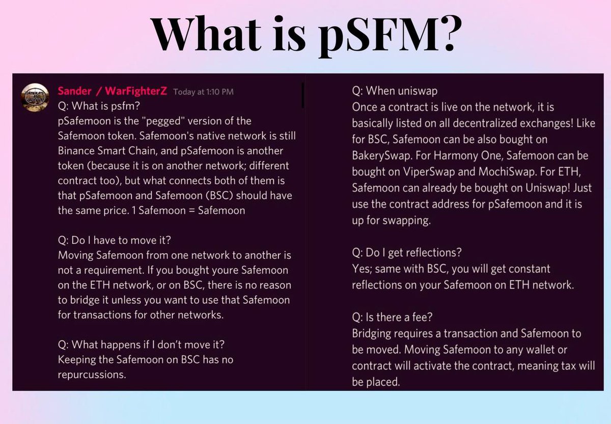 GuruDjango's tweet image. What is #pSFM? 

Our Community Manager ( SANDER/WarfighterZ) gives some short but straight forward explanation on some FAQ’s. Hope this helps for those that have these questions? 

#SAFEMOONBRIDGE #SAFEMOON #SAFEMOONBLOCKCHAIN #SAFEMOONWALLET #SAFEMOONEVOLUTION