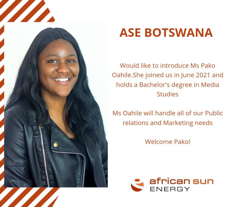 Sustainable Energy Botswana (@asebotswana) on Twitter photo #EmployeeProfile
We would like to welcome the latest addition to our growing family <a href="/OahilePako/">Pako Oahile</a>, who has joined <a href="/ASEBotswana/">Sustainable Energy Botswana</a> as the PR and Marketing. We are happy to have you as part of the team Pako!
#WomenEmpowerment #Graduate #CleanEnergy #SDG5 #EmployeeProfile
We would like to welcome the latest addition to our growing family <a href="/OahilePako/">Pako Oahile</a>, who has joined <a href="/ASEBotswana/">Sustainable Energy Botswana</a> as the PR and Marketing. We are happy to have you as part of the team Pako!
#WomenEmpowerment #Graduate #CleanEnergy #SDG5