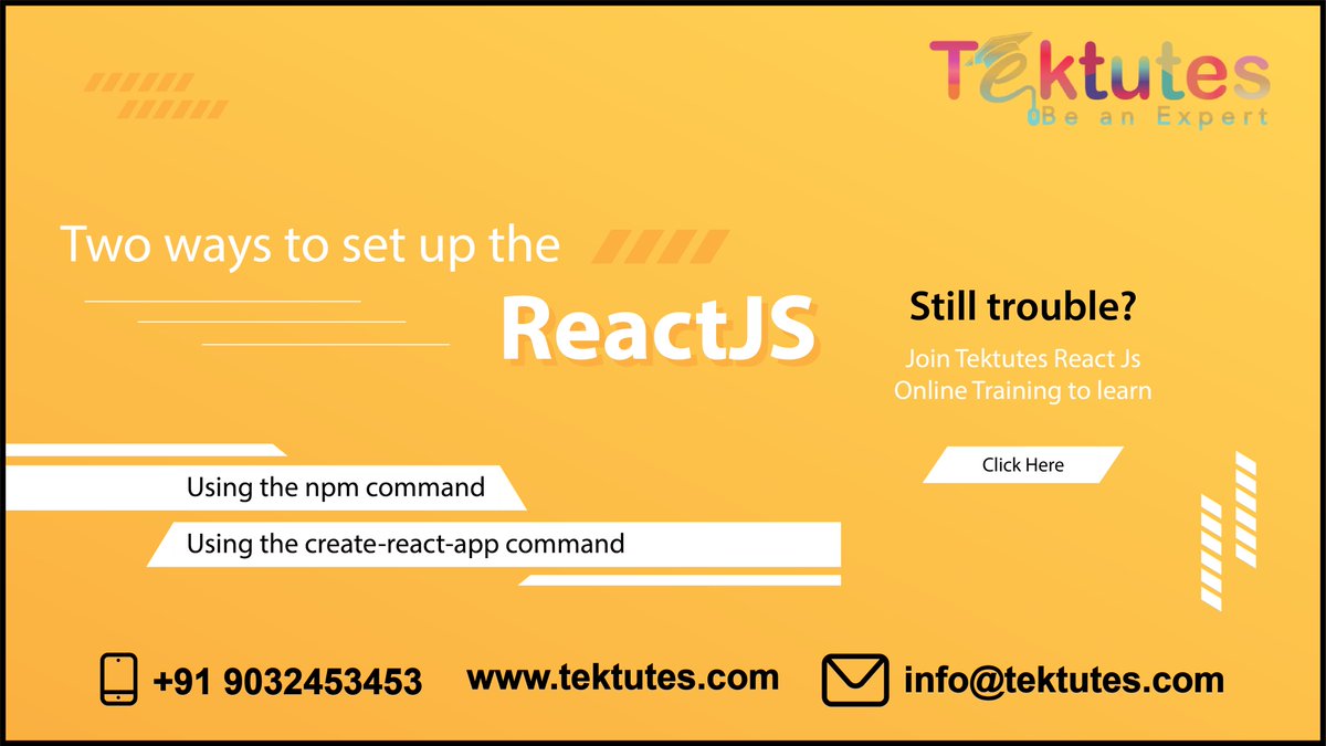 Tektutes's tweet image. Try to install ReactJs? You can set up a ReactJs development environment Using Npm, Babel, and Webpack.
For Free Live Demo Register Here: lnkd.in/gMjm4yt
#reactjsonlinetraining #reactjstraininginhyderabad #onlinetraining #reactjscourseforbeginners #reactonlinetraining